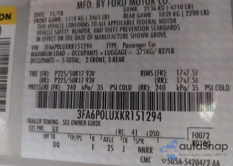 2019 Ford Fusion Hybrid Se z USA, uszkodzony, nr VIN 3FA6P0LUXKR151294